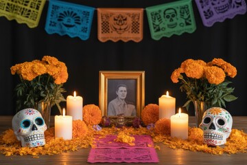 Day of the Dead altar with photo orange marigolds candles and sugar skulls image