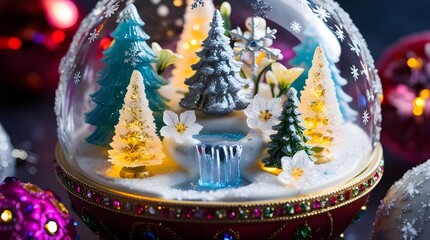 &ldquo;Close-Up of Magical Christmas Ornament Interior with Glowing Trees and Miniature Waterfalls&rdquo;