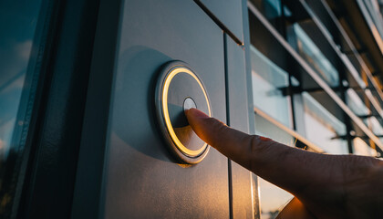 Finger pressing illuminated modern elevator button on contemporary building facade, closeup, golden hour light.
