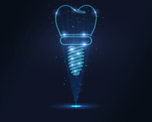 Holographic dental implant in glowing blue wireframe, projected via laser with floating particles. 3D effect for modern dentistry clinics tech branding, ideal for medical visuals apps healthcare.