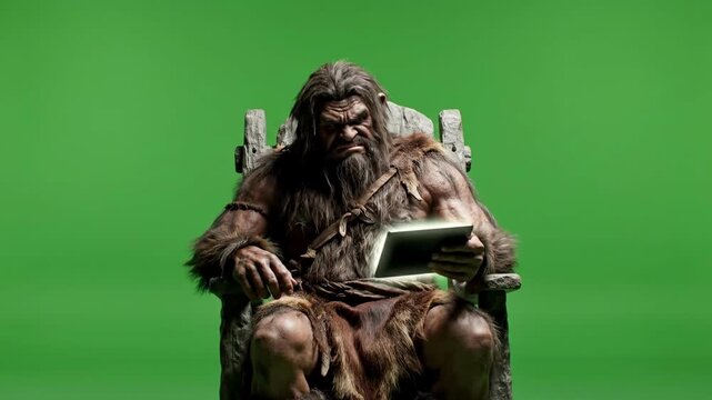 Angry Caveman Uses Modern Tablet Computer on Green Screen