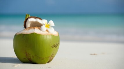 Fresh green coconut drink with white flower on sandy beach ocean background tropical