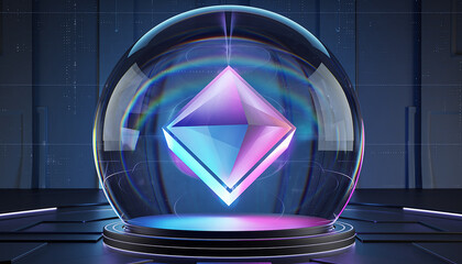 Futuristic glowing pink and blue diamond crystal octahedron shape enclosed in a glass sphere orb on a dark platform. Abstract 3D visualization of crypto data technology or NFT core asset.