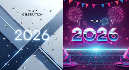 2026 year celebration design futuristic new year party background with fireworks, confetti, and modern geometric elements