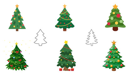 Christmas Tree Clipart Set on Transparent Background – Color and Outline Holiday Trees Illustration Vector. Perfect for greeting cards, stickers, print-on-demand products, branding, seasonal