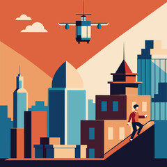 Man ascends stairs in stylized cityscape with helicopter overhead