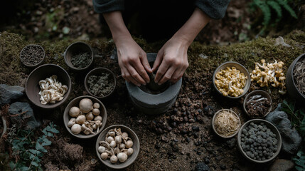 Hands grinding ingredients in mortar surrounded by various medicinal herbs and mushrooms