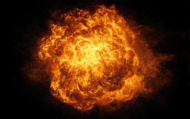 Intense fiery explosion radiating outwards against a black background, with glowing bright flames