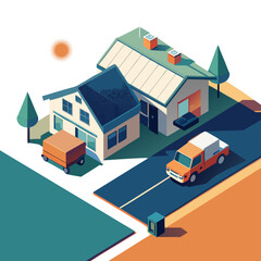 Isometric illustration of suburban houses a delivery vehicle and a sunny day