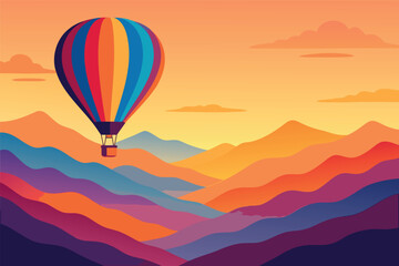 Fototapeta premium Colorful hot air balloon over vibrant sunset mountains