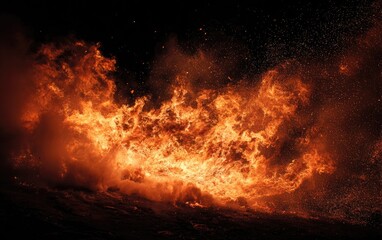 Dramatic display of flames bursting from an unseen source, illuminating a dark background