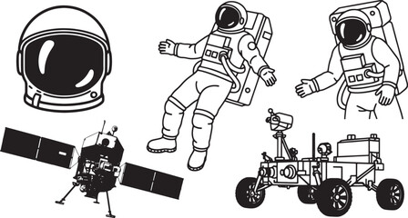 Black and white line art illustration of astronaut helmet spacecraft and rover satellite