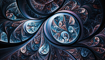 Abstract Fractal Art Swirling Blue and Copper Organic Patterns  Intricate Digital Design, Psychedelic, Psytrance, Fractal Geometry, Decorative Background Texture, Visual Art.
