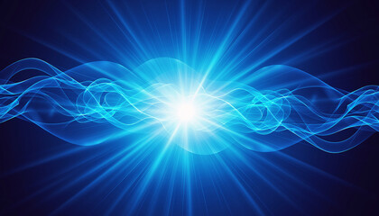 Abstract blue digital futuristic background with glowing radial light flare and smooth flowing sine waves, symbolizing hightech energy, power, communication, science, or data streams.