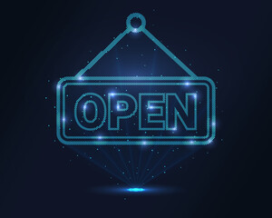 Holographic OPEN sign in glowing blue wireframe, projected via laser with floating particles. 3D effect for tech, business openings, sales start and digital interfaces. Ideal for apps, alerts