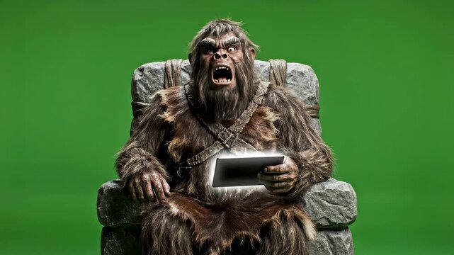 Caveman surprised by computer tablet Green Screen