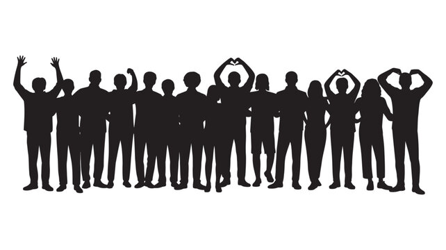 Silhouette of a large group of diverse people standing together, arms raised in celebration or unity