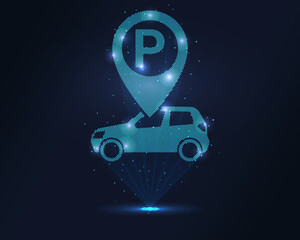 Holographic car parking icon: blue wireframe vehicle under P location pin, projected via laser. Particles enhance 3D effect. Ideal for navigation apps, smart parking, urban mobility and tech branding.