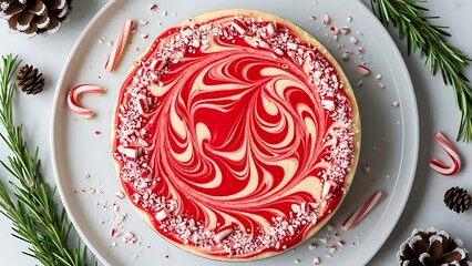 Clean overhead shot of a peppermint swirl cheesecake featuring bold red-and-white marbled patterns.