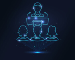 Holographic presentation icon: blue wireframe speaker at podium addressing audience, projected via laser. Particles enhance 3D effect. Ideal for business events, conferences, education and corporate