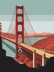 Stylized vector artwork capturing the majestic grandeur of an iconic suspension bridge spanning a scenic bay, a renowned travel landmark