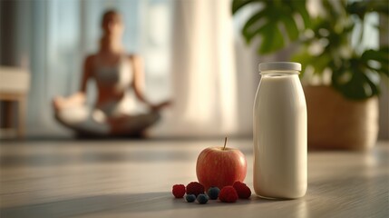 Woman in meditation background paired with fruit and dairy bottle supports wellness marketing for nutrition branding. Healthy lifestyle arrangement boosts commercial appeal for fitness campaigns