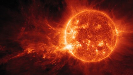 Fototapeta premium A blazing orb of plasma dominates the frame, with fiery tendrils extending outward, showcasing solar flares