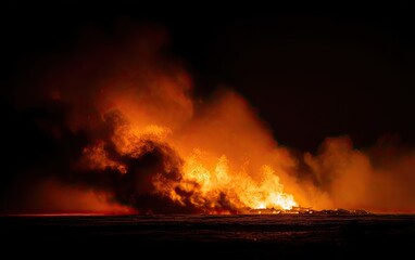 Fototapeta premium Night scene featuring a fiery blaze with thick smoke billowing into the darkness