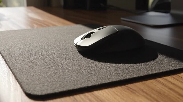 Black wireless computer mouse accessory on a polished office table for enhanced business input