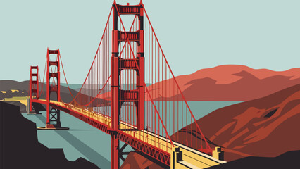 Vibrant vector illustration of a grand suspension bridge over tranquil waters, framed by scenic hills and a distant metropolitan outline