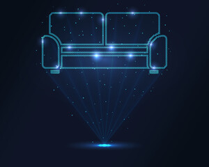 Holographic sofa icon in glowing blue wireframe, projected via laser with floating particles. 3D effect for interior design, furniture apps, real estate and home branding. Ideal for digital catalogs