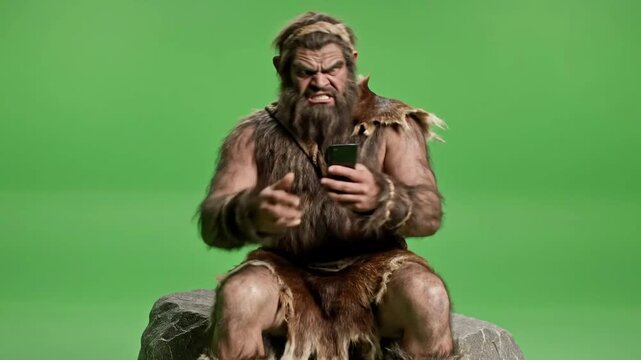 Angry caveman using smartphone technology on a bright Green screen set