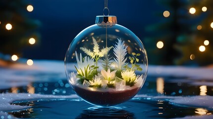 &ldquo;Transparent Christmas Ornament with Glowing Miniature Biosphere of Luminescent Plants at Night&rdquo;