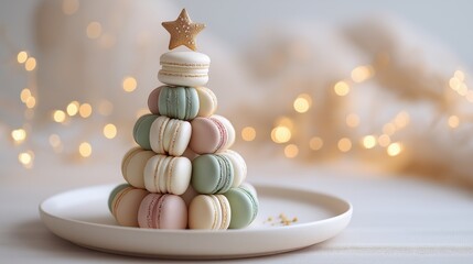 Macaron tree dessert in pastel tones used for Christmas food marketing, confectionery campaigns, holiday bakery promotion, sweets retail, menu design, and festive product branding