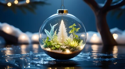 &ldquo;Transparent Christmas Ornament with Glowing Miniature Biosphere of Luminescent Plants at Night&rdquo;