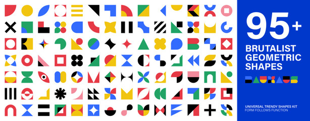 Mega Set of colorful abstract geometric flat shapes. Bauhaus brutalist minimal Y2K elements collection for modern graphic design, poster, and contemporary layout projects