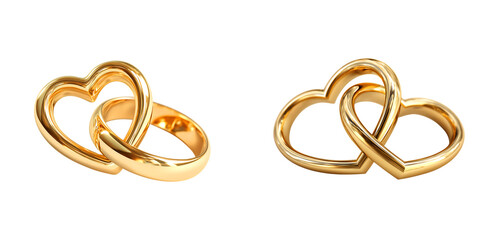Intertwined Gold Rings: Heart and Wedding Band Symbolizing Eternal Love isolated on a transparent background