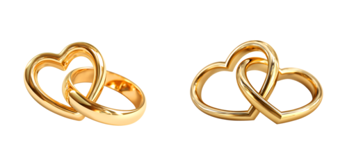 Intertwined Gold Rings: Heart and Wedding Band Symbolizing Eternal Love isolated on a transparent background