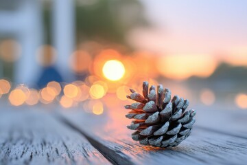 Beautiful pinecone on rustic wood with warm sunset glow and soft bokeh lights