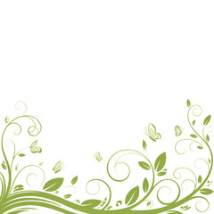 Obraz premium Green floral swirls and butterflies border on vactor white background vine leaf
