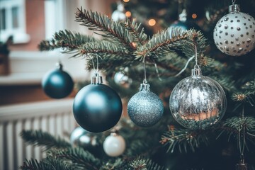 Close-up of a beautiful Christmas tree decorated with shimmering blue and silver ornaments and warm lights.