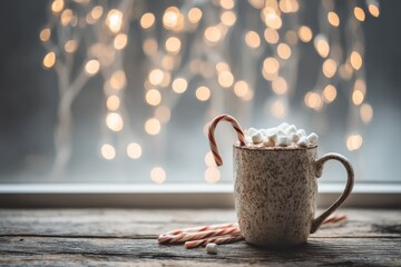 Cozy Christmas hot chocolate with marshmallows, candy cane, and festive bokeh lights