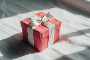Elegant coral pink gift box with white ribbon bow, bathed in warm morning light