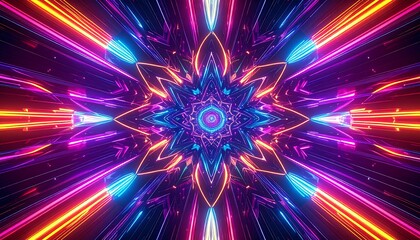 Symmetrical starburst design; neon pink, blue, and orange lights radiate from center, creating abstract fractal effect