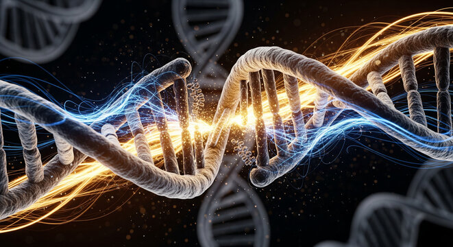Dynamic energy pulses illuminate a complex DNA helix structure representing genetic research and biotechnology breakthroughs - Powered by Adobe
