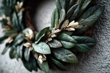 Intricate green leaf wreath with delicate venation against a textured wall, macro close-up