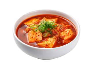 Authentic Kimchi Jjigae: Spicy Korean Stew with Soft Tofu and Green Onions isolated on a transparent background
