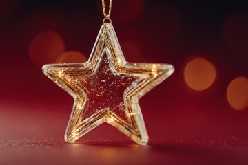 Sparkling golden glitter star Christmas ornament glowing on festive red background with bokeh lights.