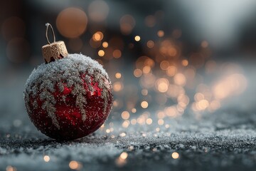 Sparkling red Christmas ornament covered in frost with warm golden bokeh lights