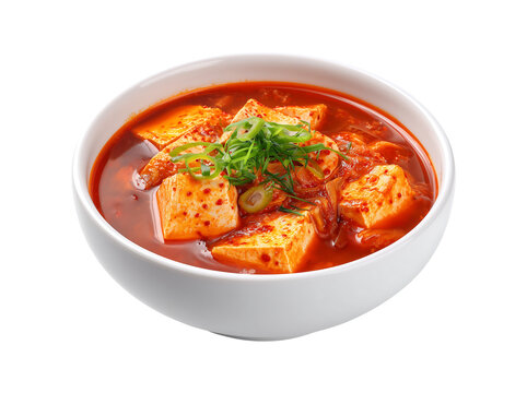 Authentic Kimchi Jjigae: Spicy Korean Stew with Soft Tofu and Green Onions isolated on a transparent background